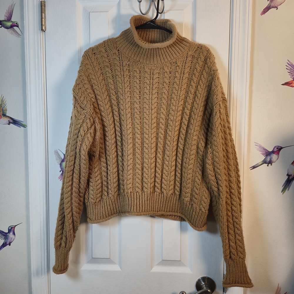 H&M Chunky Cable Knit Turtleneck Sweater S Camel Neutral Coastal Grandmother